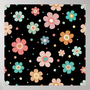 Cute Multifärgad blommar Mönster på svart Poster