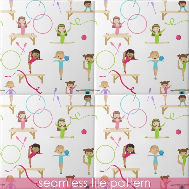 Cute Multifärgat gymnastics Kids Seamless Mönster Kakelplatta (Cute Multicolored Gymnastics Kids Seamless Pattern Ceramic Tile)