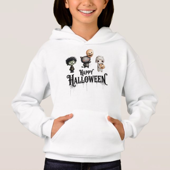 Cute Mummy, Cat & Frankenstein - Happy halloween T Shirt (Framsida)
