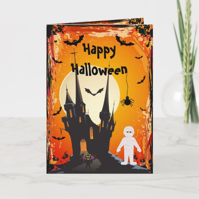Cute Mummy, Fladdermus och Castle Halloween-kort Kort (Framsida)