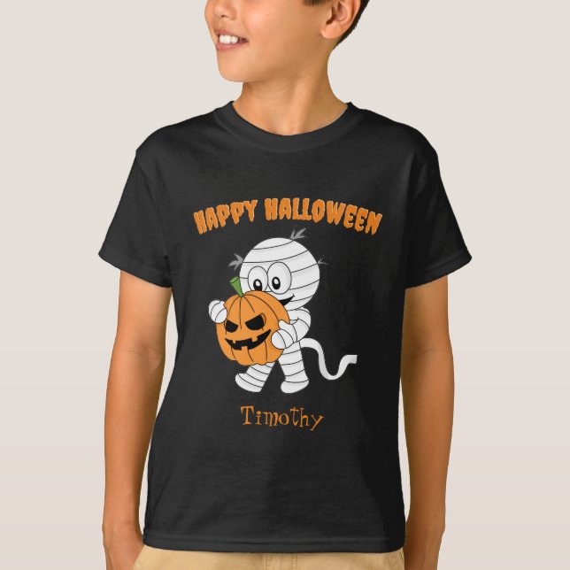 Cute Mummy Walking with Halloween Pumpkin Barn T Shirt (Framsida)
