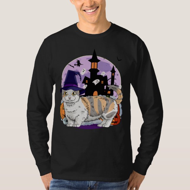 Cute Munchkin Cat Halloween Witch Pumpkin T Shirt (Framsida)