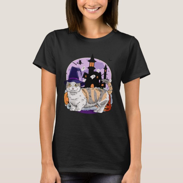 Cute Munchkin Cat Halloween Witch Pumpkin T Shirt (Framsida)