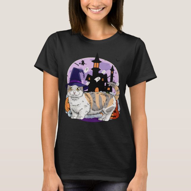 Cute Munchkin Cat Halloween Witch Pumpkin T Shirt (Framsida)