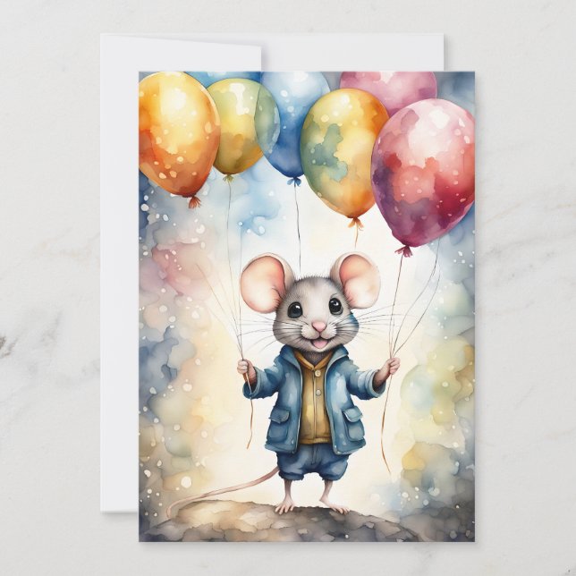 Cute-mus med färgstarka ballonger, anpassningsbar inbjudningar (Framsida)