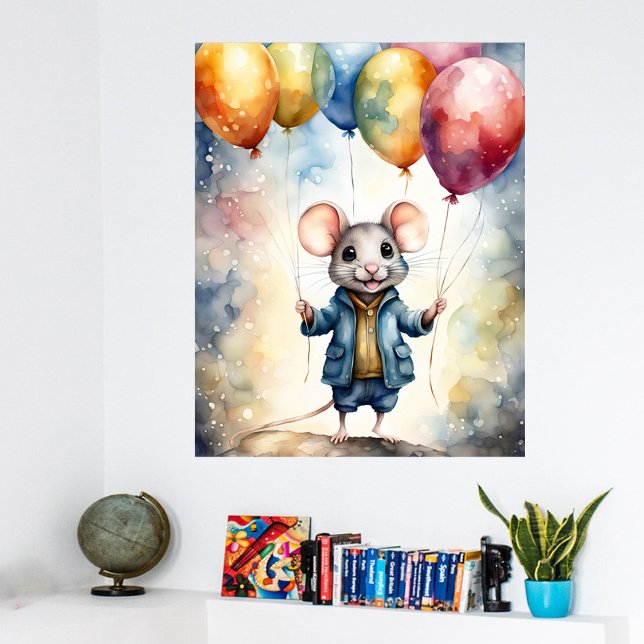 Cute-mus med färgstarka ballonger. poster (Skapare uppladdad)