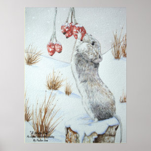 Cute mus och röda bär på vilda djur och växter på poster