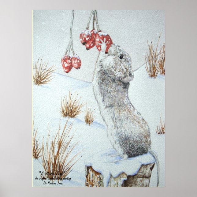 Cute mus och röda bär på vilda djur och växter på  poster (Framsidan)