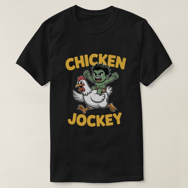 Cute Muscular Green Kid Riding Chicken – Chicken J T Shirt (Design framsida)