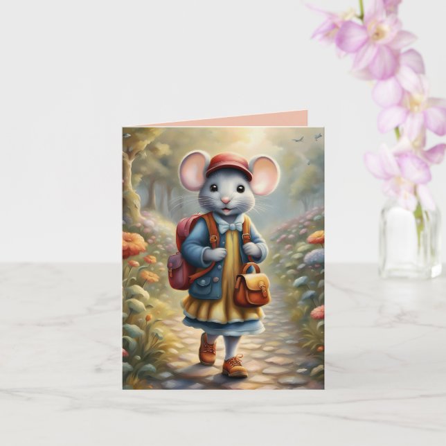 Cute-musflicka på väg till skolan, anpassningsbar kort (Orkide)