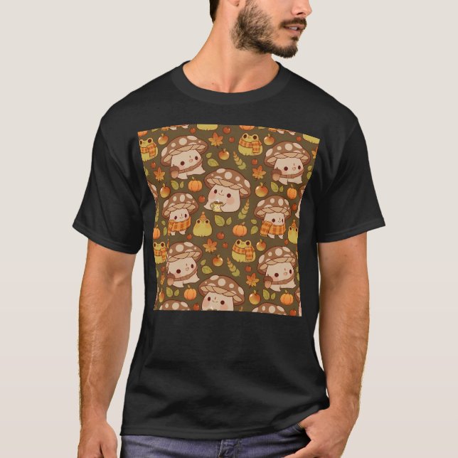 Cute Mushroom and Froggie Fall - Grönt T Shirt (Framsida)