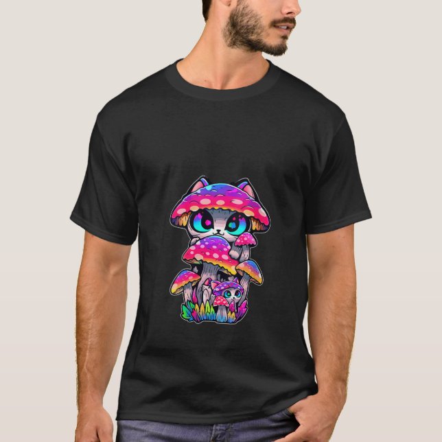 Cute Mushroom Cat Psychedelic Festival V Nacke T Shirt (Framsida)