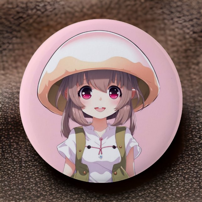 Cute Mushroom Girl Anime Button - Roligt Kawaii Ar Knapp (Anime Chic, Button Style! 🍄😊)