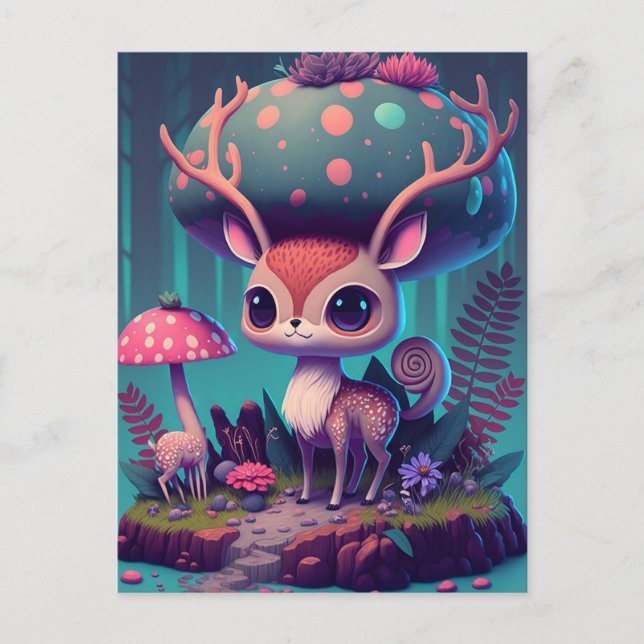 Cute Mushroom Hjort Fantasy Art-vykort Vykort (Framsida)