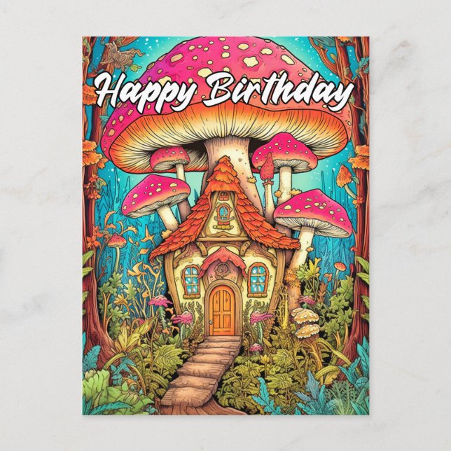 Cute Mushroom House Illustration Vykort (Framsida)