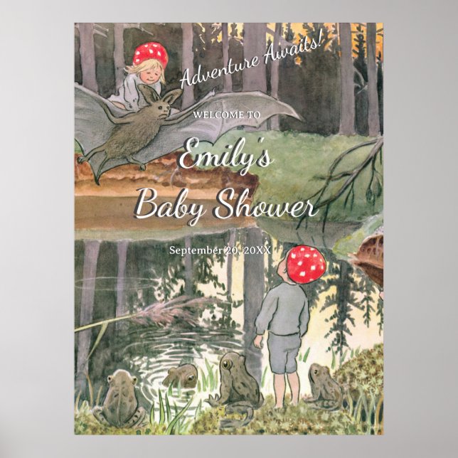 Cute Mushroom Woodland Frog Baby Shower Välkommen Poster (Framsidan)