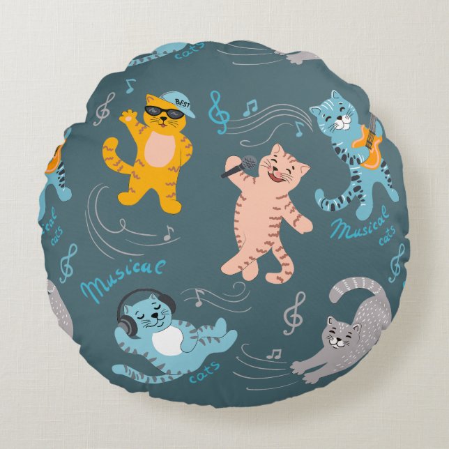 Cute Musical Cats Mönster Kids Bedroom Rund Kudde (Framsidan)