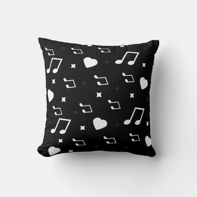 Cute Musical Hearts and Stars Doodles Black Kudde (Framsida)