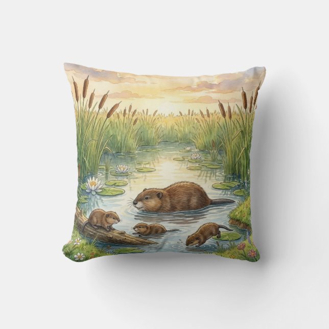 Cute Muskrat And Pups River and Lake Animals  Kudde (Framsida)