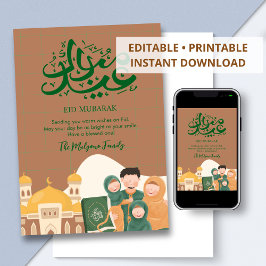 Cute Muslim Family and Mosque Eid Mubarak Card Julkort