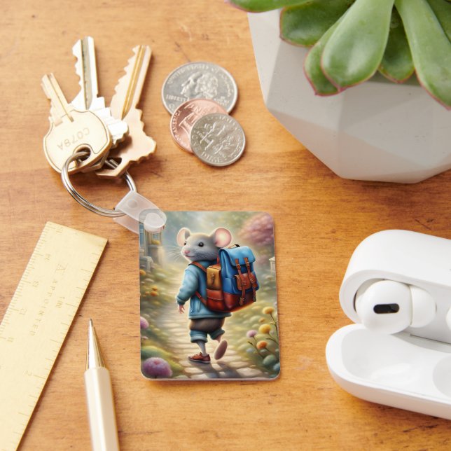 Cute-muspojken på väg till skolan, personlig nyckelring (Skrivbord)