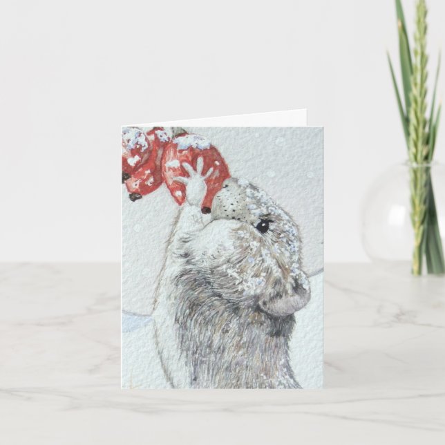 Cute-musröd bär på vilda djur på snö-scenen helgkort (Framsida)
