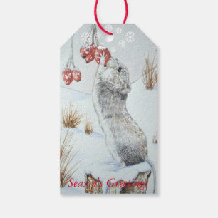 Cute Musscen i snö för chrismas Presentetikett