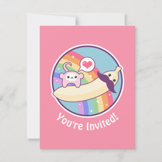 Cute Mustache Banana Födelsedagsfest inbjudan (Framsida)