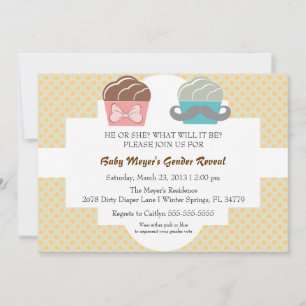 Cute Mustache & Bow Cupcoa Gender Reveal Inbjudan