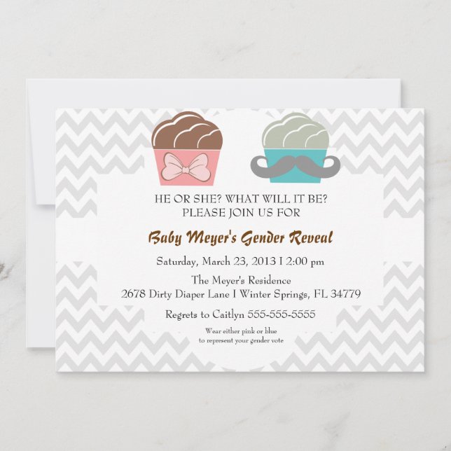 Cute Mustache & Bow Cupcoa Gender Reveal Inbjudan (Framsida)