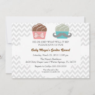 Cute Mustache & Bow Cupcoa Gender Reveal Inbjudan