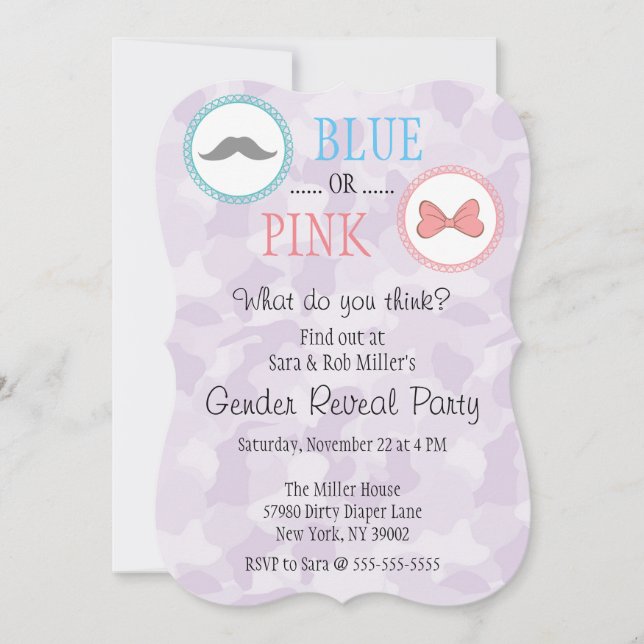Cute Mustache & Bow Gender Reveal Inbjudan (Framsida)