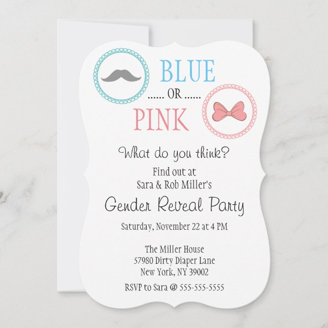 Cute Mustache & Bow Gender Reveal Inbjudan (Framsida)