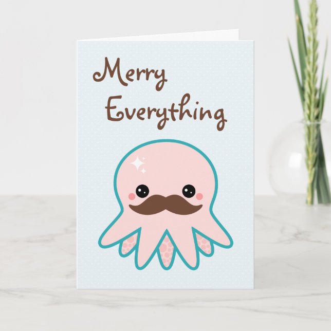 Cute Mustache Octopus Helgdag Helgkort (Framsida)