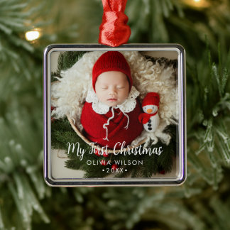 Cute My First Christmas Newborn Baby Photo Julgransprydnad Metall