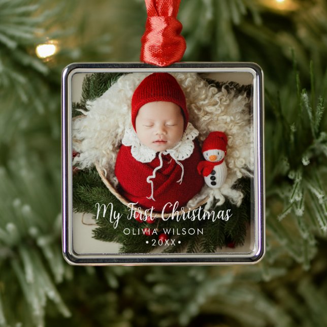 Cute My First Christmas Newborn Baby Photo Julgransprydnad Metall (Träd)