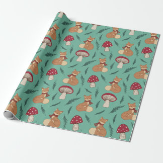 Cute Mysigt Fox med svampar. Turkos. Presentpapper