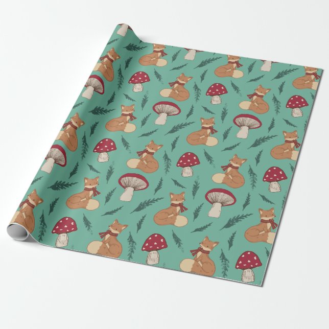 Cute Mysigt Fox med svampar. Turkos. Presentpapper (Utrullad)