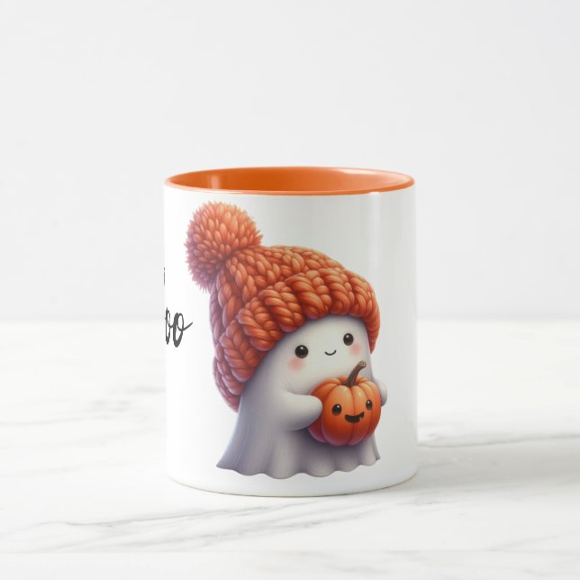 Cute Mysigt Ghost i Knkunnig Hat Holding Pumpkin Mugg (Center)