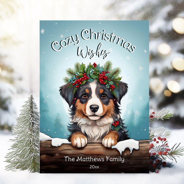 Cute Mysigt jul Önskemål Australian shepherd Hund Julkort (Adorable Winter Snowy Scene With Peeking Dogs or Farm/Woodland Animals - Over 50 to Choose From!)