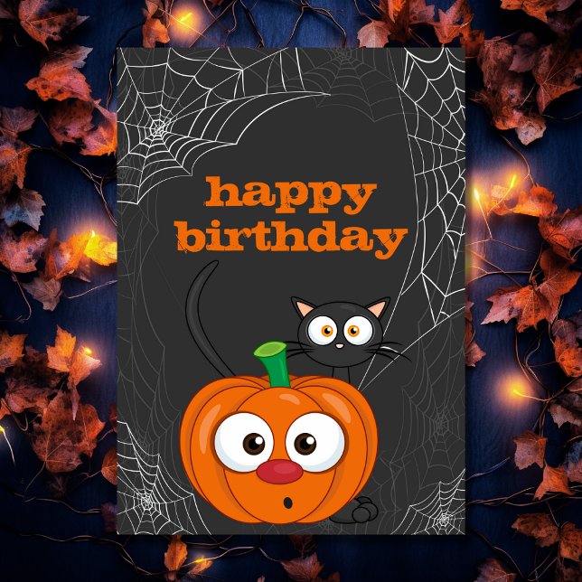 Cute n Spooky Cat och Pumpkin Halloween Birthday Kort (Front - Cute n Spooky Cat and Pumpkin Halloween Birthday Card)
