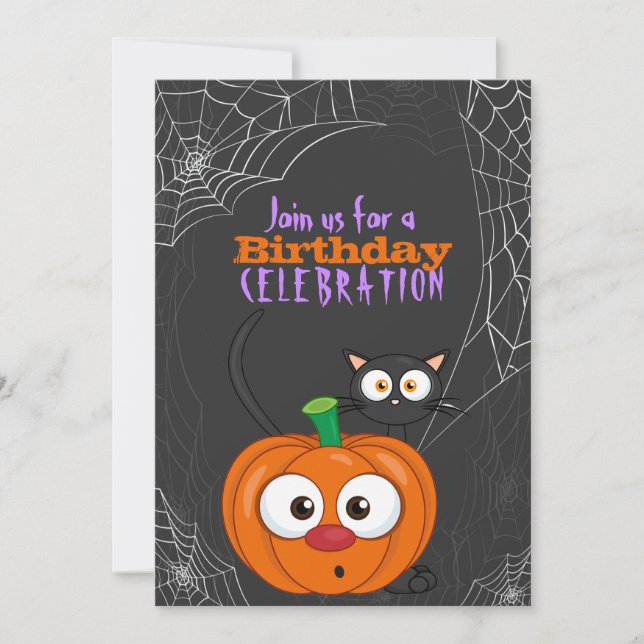 Cute n Spooky Scaredy Cat and Pumpkin Birthday Inbjudningar (Framsida)