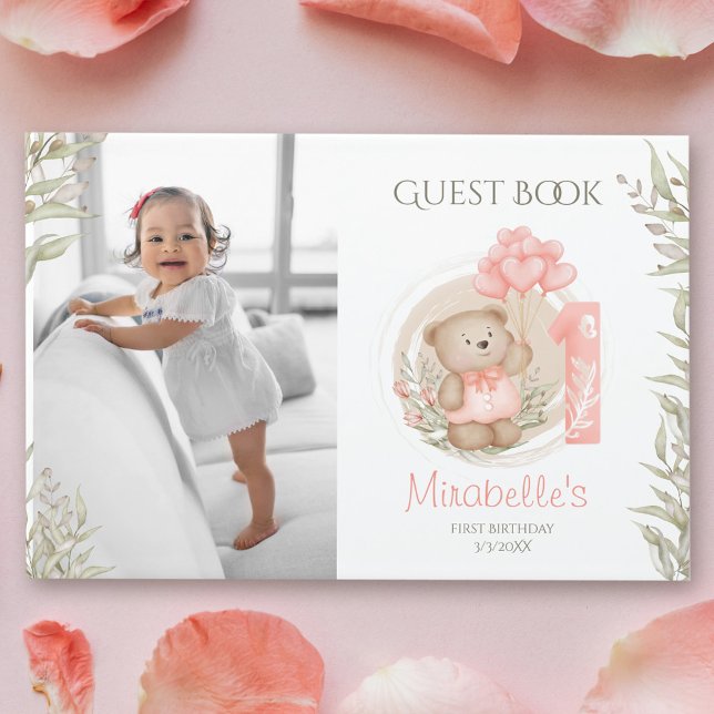 Cute Nalle 1:a födelsedag Fotogäst Bok (Cute Teddy Bear 1st Birthday Photo Guest Book)