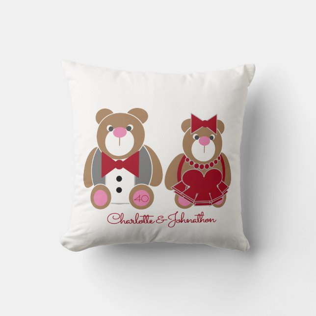 Cute nalle 40:e ruby bröllop-årsdagen kudde (Framsida)