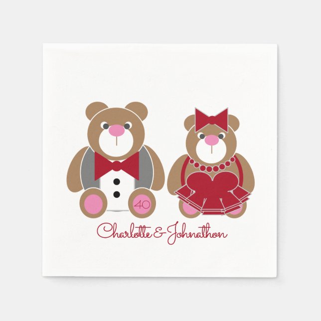 Cute nalle 40:e ruby bröllop-årsdagen pappersservett (Framsidan)