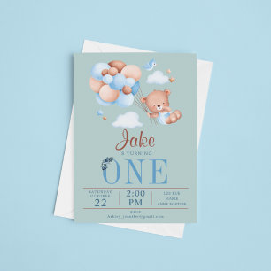 Cute Nalle and Balloon Baby Birday Inbjudningar