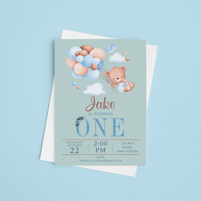 Cute Nalle and Balloon Baby Birday Inbjudningar (Skapare uppladdad)