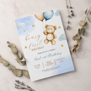 Cute Nalle Baby Beary First Birday Inbjudningar