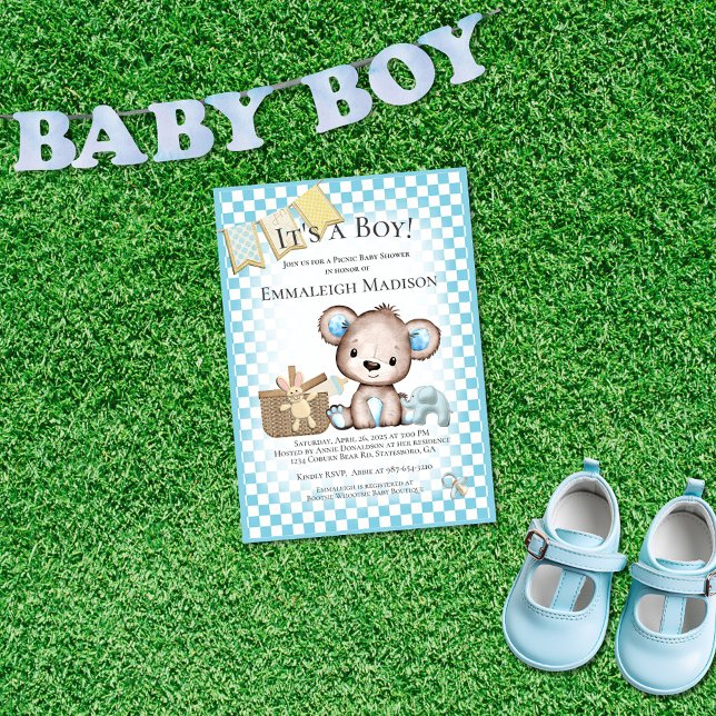 Cute Nalle Baby Picnic Blue Baby Shower Inbjudningar (Skapare uppladdad)