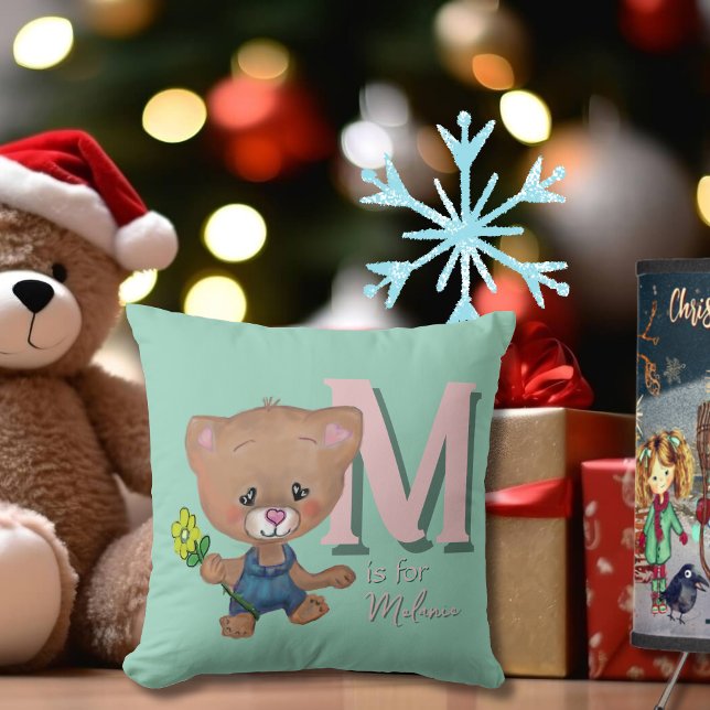 Cute Nalle Baby Rosa Teal Kudde (Cute Teddy Bear Baby Pink Teal Throw Pillow)